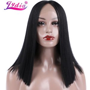 Lydia Voor Vrouwen Korte Bob Lace Front Synthetisch Haar Pruiken Natuurlijke Zwarte Yaki Straight Midden Deel Pruik Ademen Elastische Netto