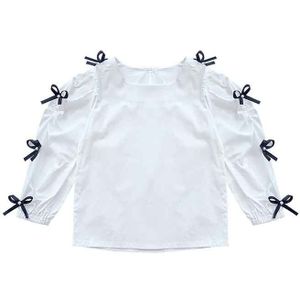 Herfst Meisjes Lange Mouwen Wit Blouses Met Boog Kids Katoenen Tops Meisjes Tops