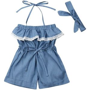 1-4Y Peuter Baby Meisjes Romper Kleding Mouwloze Riem Kant Blauw Jumpsuit Hoofdband Outfits Kleding
