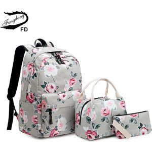 FengDong 3 stks/set meisjes rose bloem afdrukken school rugzak set kinderen bloemen tas rugzak schooltassen voor tienermeisjes