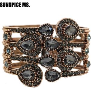 Sunspicems Turkse Retro Vintage Vrouwen Manchet Bangle Antiek Goud Kleur Bohemen Etnische Bruiloft Sieraden Indian Grijze Steen Armband