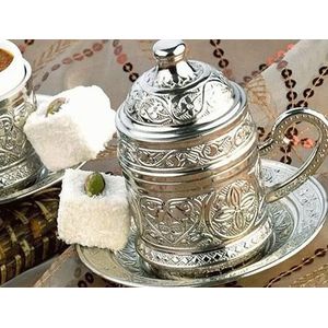 Ottoman Patroon Enkele Persoon Koper Turkse Koffie Set 4 Stuk Fijne Elegante Porselein Cup