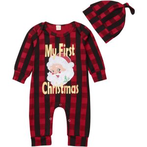 Xmas Peuter Kids Baby Meisjes Jongens Herfst Winter Romper + Hoeden 2 Stuks Kerstman Print Plaid Lange Mouw Jumpsuits Romper