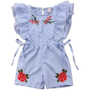 Mooie Leuke Zomer Peuter Baby Meisjes Romper Korte Bloemblaadje Mouw Elastische Taille Bloemenprint Gestreepte Blauw Jumpsuits Romper