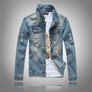 Heren Denim Jasje Koreaanse Stijl Trendy Geest Blauw Gat Jas Jeans Jasje Grote Maat Denim Jas Licht-gekleurde Mannen Jas