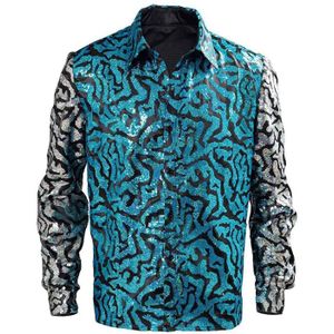 Heren Luipaard Knop Turn-Down Kraag Stijl Print Sequin Shirt Blouse Tops Shirt Cosplay Kostuum Blauw Shirts