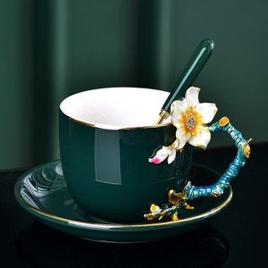 3D Gekleurde Emaille Koffie Mok Cup Set Porselein Apricot blossom Thee Melk Copo China Bone Drinkware Vriend Bruiloft