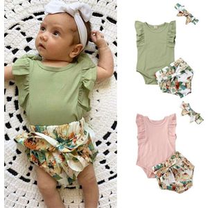 3Pcs Pasgeboren Baby Meisjes Kleding Ruche Mouwloze Effen Romper Strikje Bloemen Shorts Hoofdband Outfits Kleding Set