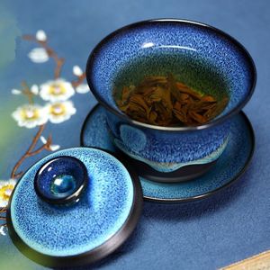 Groter gaiwan oven change unieke terrine Chinese porselein cup kom met schotel deksel blauw zisha paarse klei glazuur bedekt bowls