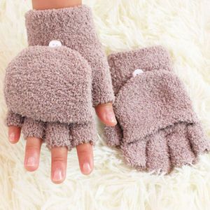 Kinderen Handschoenen Soft Coral Fleece Flip Cover Half Vinger Handschoenen Winter Warm Dikker Wanten Leuke Mannen Vrouwen Handschoenen Roze