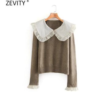 Zevity Vrouwen Zoete Plooi Ruches Turn Down Kraag Patchwork Breien Trui Vrouwelijke Lange Mouw Casual Chic Truien Tops S496