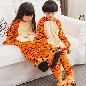Kinderen Tijger Onesie Animal Pyjama Meisjes Rompers Flanel Jongens Een stuk Pak Nachtkleding Cosplay Party Halloween Kostuum Jumpsuit