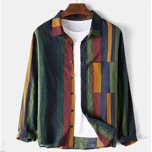 Mode Vintage Gestreepte Shirts Slim Tops Mannen Revers Knop Lange Mouw Casual Shirts Ademend Top Herfst Kleding