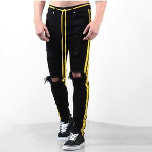 Kenntrice Hip Hop Heren Skinny Jeans Ripped Gaten Kant Geel Gestript Streetwear Zwart Denim Broek Broek