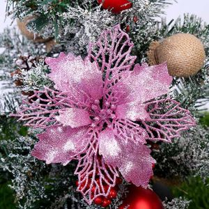 6pcs Glitter Kunstmatige Kerst Bloemen Vrolijke Kerstboom Decoratie Ornamenten Xmas Party Supplies Nep Bloemen Hoofd