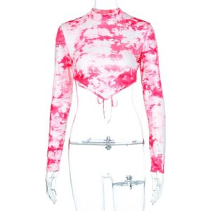 Hugcitar Lange Mouwen Tie Dye Backless Bandage Crop Tops Herfst Winter Vrouwen Mode Streetwear Outfits T-shirts Tees
