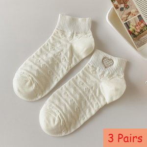 3 Pairs Vrouwen Katoenen Geborduurde Cartoon Liefde Dier Sokken Wit Casual Lente Zomer Dunne Katoenen Student Korte Sokken Eu 35-40