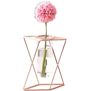 Scandinavische Stijl Glas Bloempot Iron Art Vaas Rose Gold Opknoping Reageerbuis Vazen Home Office Decoratie Bureau Bloempotten