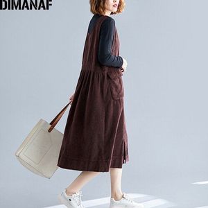 Dimanaf Plus Size Vrouwen Jurk Herfst Mouwloze Corduroy Basic Casual Big Size Vrouwelijke Lady Vestidos Losse Effen Jurk Dikke