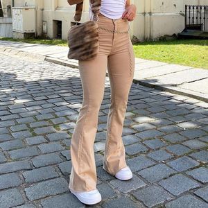 Vintage Broek Basic Bruin Denim Wijde Pijpen Jeans Vrouwen Streetwear Harajuku Stretch Flare Broek Joggers Vrouwelijke Broek Mode