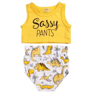 Baby Baby Meisje Mouwloze Brief Geel Tops + Dinosaurussen Shorts Outfit Sunsuit Zomer Casual Meisje Kleding Set