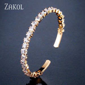 Zakol Mode Groene Vierkante Zirconia Baguette Manchet Armband Armbanden Voor Vrouwen Meisje Party Bruiloft Sieraden FSBP2147