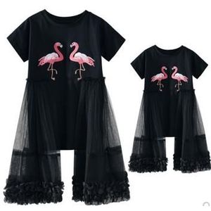 Zomer Toevallige Moeder En Dochter T-shirt Jurk Lace Splice Familie Bijpassende Kleding Flamingo Borduurwerk Moeder En Dochter Jurk