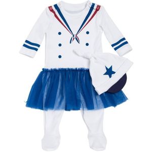 Navy Sailor Cartoon Footie Jumpsuit Lange Mouw Kid Baby Kleding Lace Tee Top Body Pak + Hoed een stuk peuter Baby Meisje