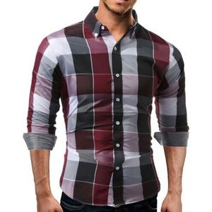 Mannen Mode Slim Fit Lange Mouwen Turn-Down Kraag Plaid Shirts Casual Button Shirt Tops Blauw Rood Mannelijke 'S lente Herfst Kleding