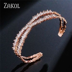 Zakol Brand Sieraden Aaa Cubic Zirkoon Multi-Gelaagde Baguette Armbanden Mode X Vorm Manchet Bangle Voor Vrouwen Meisje FSBP151
