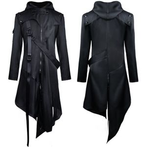 Vintage Punk Custome Cosplay Jassen Gothic Riem Swallow-Staart Jas Lange Mouwen Hooded Halloween Kostuum Uniform Mannen