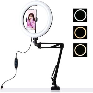 Puluz 10.2 Inch 26Cm Ring Gebogen Licht Desktop Swivel Arm Usb 3 Modes Dimbare Led Vlogging Selfie Verlichting Met telefoon Klem