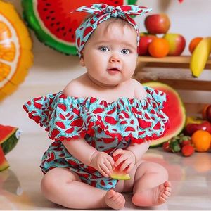 Pasgeboren Baby Meisje Kleding Off Shoulder Watermeloen Print Ruche Kwastje Romper Jumpsuit Hoofdband 2 Stuks Outfits Kleding