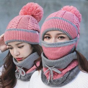 Winter Warm Vrouwen Gebreide Beanie Sjaal Hoed Gezichtsmasker Snood Hals Pompom Caps