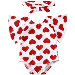 Pudcoco Pasgeboren Baby Meisjes Bodysuit Kids Korte Flare Mouw Liefde Hart Vol Print Jumpsuit + Hoofdband Valentijnsdag Outfits
