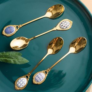 4Pcs Rvs Lepel Inlay Keramische Handvat Ijs Koffie Lepels Theelepel Gold Plating Dessert Cake Scoop Servies