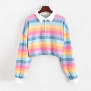 Polo Shirt Vrouwen Sweatshirt Lange Mouw Regenboog Kleur Dames Kraag Knop Gestreepte Koreaanse Stijl Sweatshirt