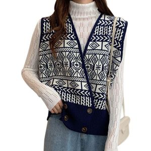 Jlong Retro Print Trui Vest Vrouw Losse Mouwloze V-hals Gebreide Truien Vesten Vrouwen Kleding