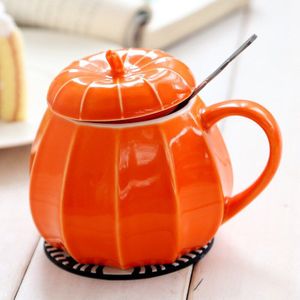 250Ml Keramische Kopje Koffie Met Deksel Lepel Pompoen Vormige Halloween Decoratie Celadon Kopjes Ontbijt Melk Mokken Drinkware