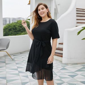 Plus Size Vrouwen Jurk Zomer Vrouwelijke O Hals Korte Mouw Toevallige Midi Jurk Zwart Belted Dames Tuniek Jurken