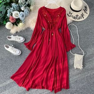 mode vrouwen kleding volwassen Nationale stijl wijn rode tour temperament split V-hals katoen en linnen jurk