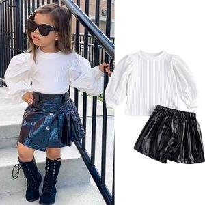 Focusnorm 1-6Y Kids Baby Meisjes Mode Kleding Sets 2 Stuks Gebreide Solid Lange Bladerdeeg Mouw Top En Lederen Rok
