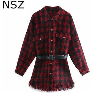 Nsz Vrouwen Rode Houndstooth Oversized Tweed Jas Fall Plaid Wol Blend Coat Belted Kwastje Gecontroleerd Bovenkleding Chaqueta Mujer