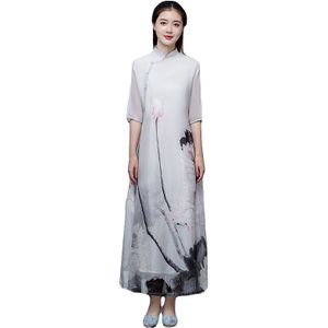 White Wash Schilderen Lange Jurk Lente Zomer Vrouwen Elegante Chinese Jurken Cheongsam Qipao Gewaad Vintage Femme Vestido TA2109