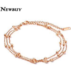 Newbuy Multilayer Rvs Enkelbanden Voor Vrouwen Zilver/Rose Goud Kleur Kralen Enkel Armbanden