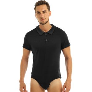 Mannen Turn-Down Kraag Bodysuit Romper Pyjama Sexy Korte Mouwen Een Stuk Snap Kruis Homewear Nachtkleding