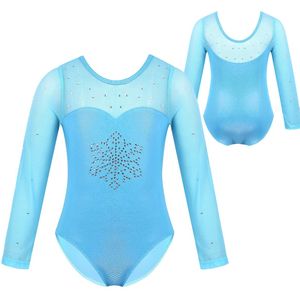 Gymnastiek Turnpakje Voor Meisjes Lange Mouwen Sparkly Rhinestone Sneeuwvlok Tulle Splice Ballet Turnpakje Dancewear Ballet Jurk Kinderen