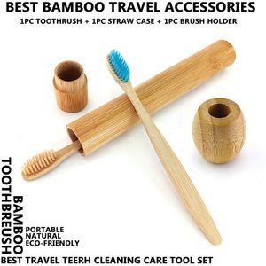 Draagbare Bamboe Tandenborstel Set Reizen Met Bamboe Stro Case Borstel Buis En Houten Tandenborstelhouder Natuurlijke Tanden Schoonmaken Tool
