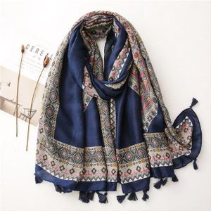Sjaal Voor Vrouwen Geometrische Gedrukt Etnische Hijab Sjaal Wit Marineblauw Vintage Kwastje Shawl Soft Pashmina Bandana