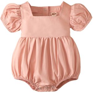 Zomer Baby Meisjes Casual Romper, Effen Kleur Vierkante Kraag Korte Puff Mouwen Jumpsuit, roze/Donker Rood/Beige